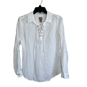 Chico’s Size 1 White Lace Front Peasant Top Roll Tab Sleeve